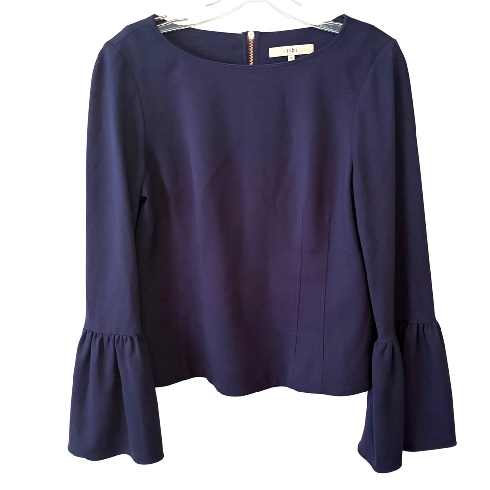 Tibi Navy Boatneck Bell Sleeve Back Zip Top in Size 8
